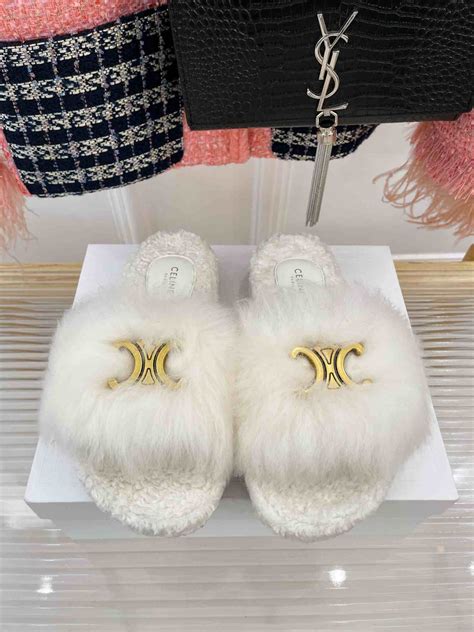 celine fur shoes buy online|Celine fur triomphe slides.